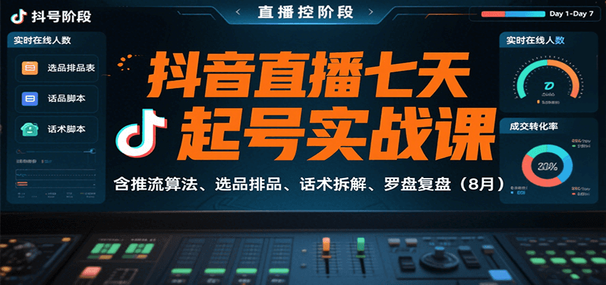 抖音直播七天起号实战课：含推流算法、选品排品、话术拆解、罗盘复盘(8月)-鱼米圈子
