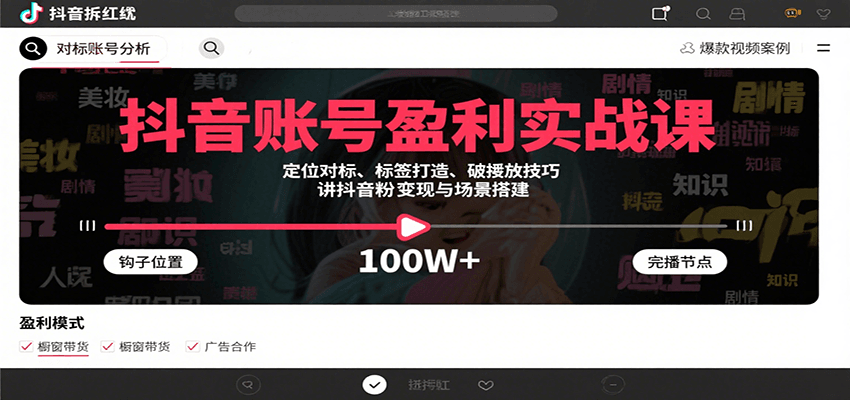 抖音账号盈利实战课，定位对标、标签打造、破播放技巧，讲涨粉变现与场景搭建-鱼米圈子